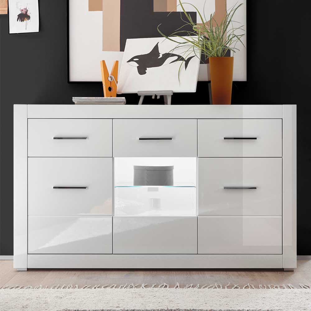 3-türiges Sideboard in Hochglanz Weiß & Glas Yulis mit 2 Schubladen