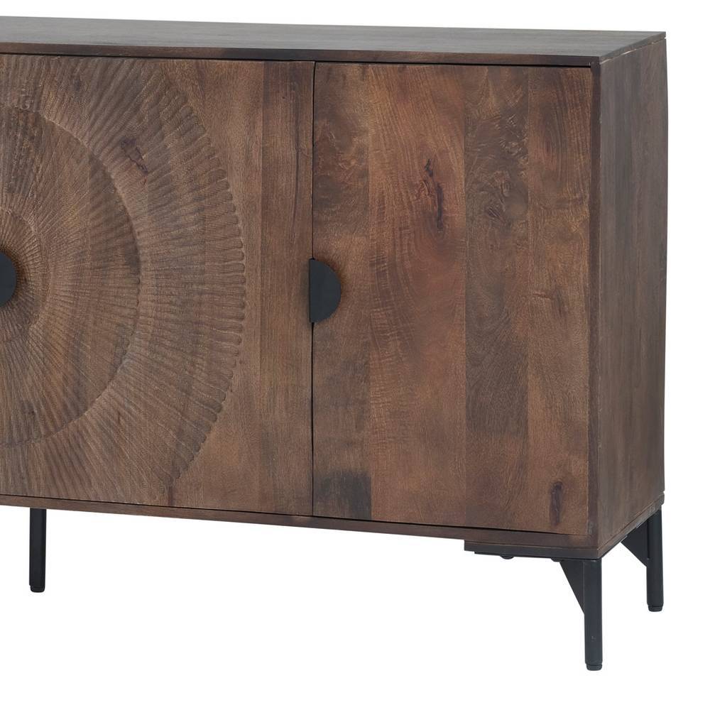 Seitliche Ansicht des walnussbraunen Mangoholz-Sideboards mit schwarzen Metallbeinen und zwei Türen – Epos