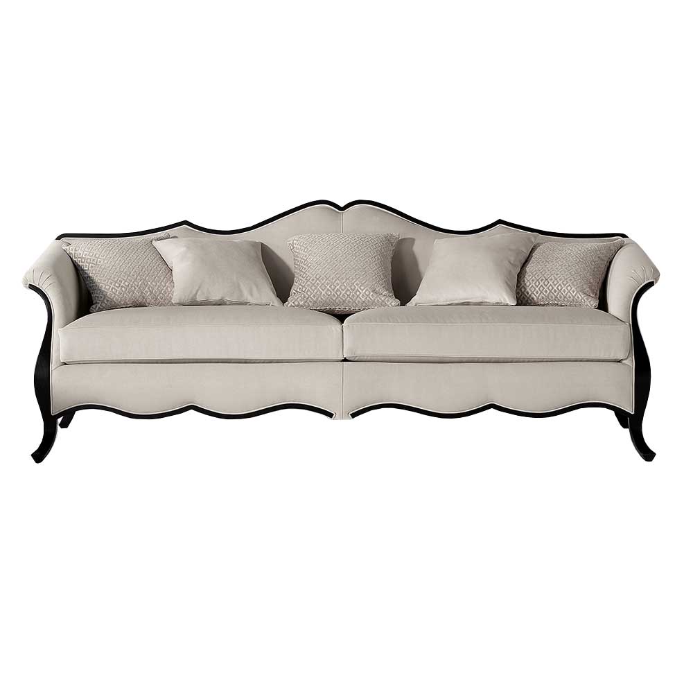 Beiges Webstoff Sofa mit schwarzem Rahmen und geschwungenen Details – Queens