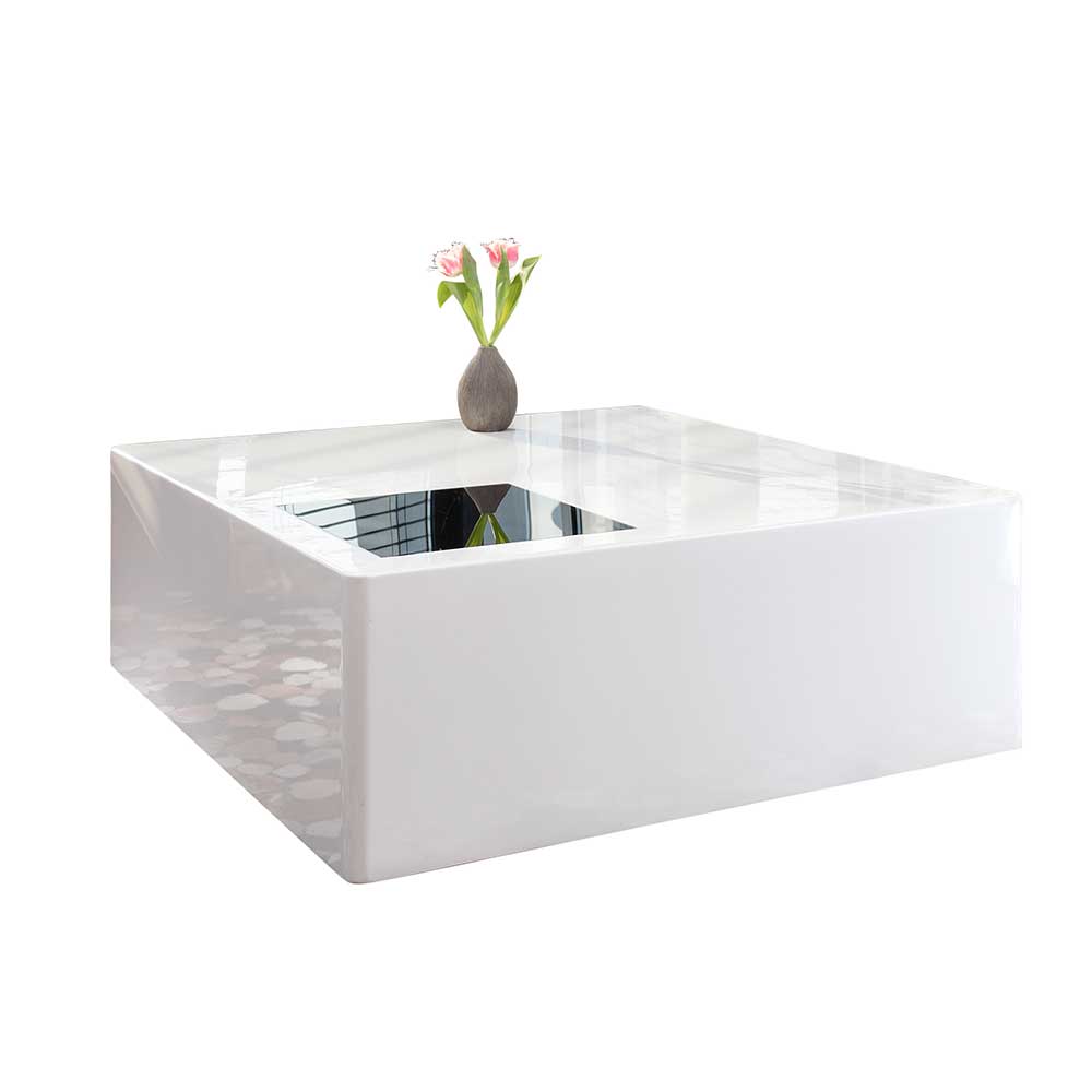 Quadratischer weißer Hochglanz Couchtisch für das Wohnzimmer mit reflektierender Oberfläche – Spiaggi