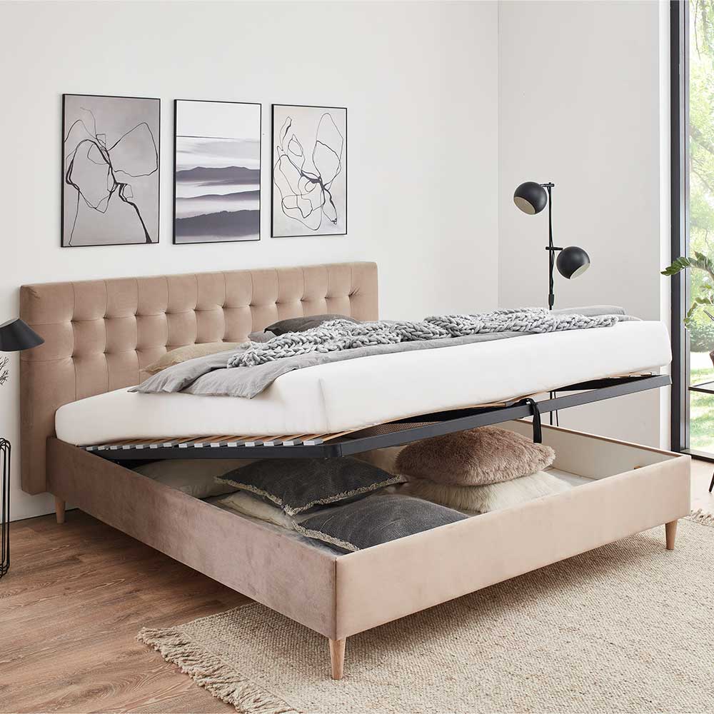 Stauraumbett in Taupe aus Samt - Ubaldo