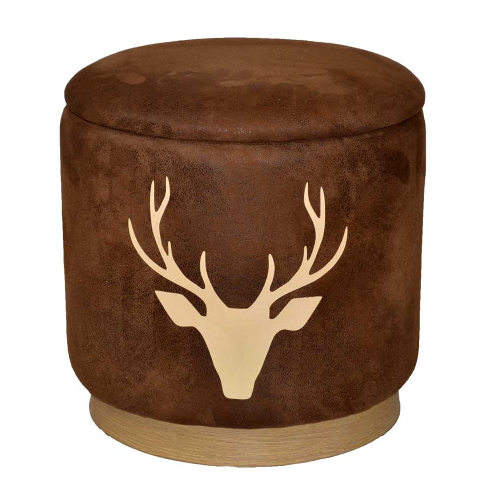 Brauner Microfaser Hocker mit Hirsch Kopf und geschlossenem Deckel als Sitzmöbel – Arnhild