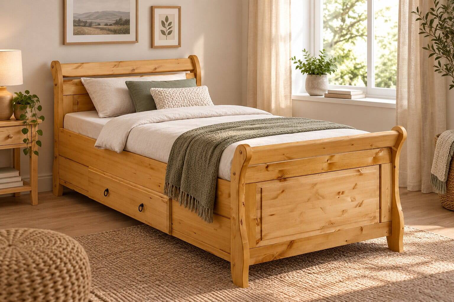 Landhaus Kiefernholz Bett mit Schublade - Cabressan