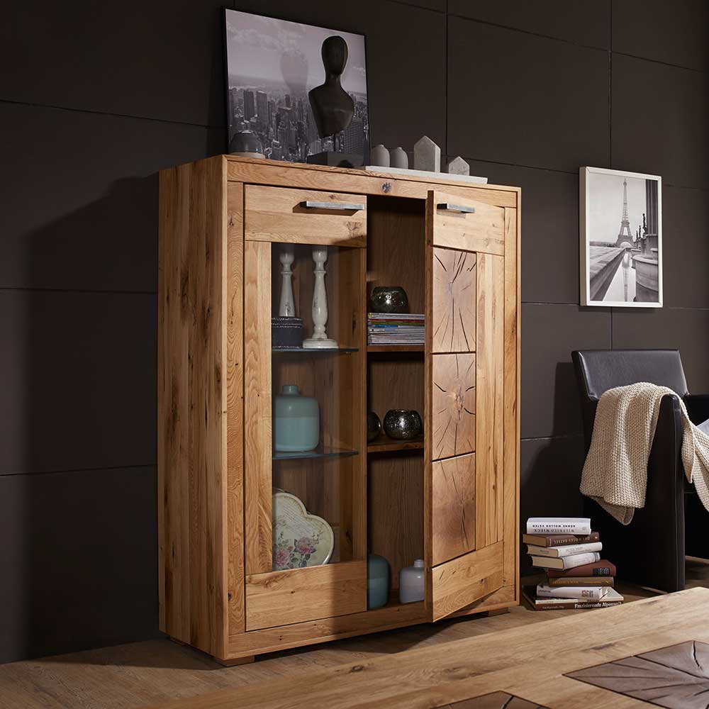 Wildeiche Highboard Troncon mit Glas Einsatz
