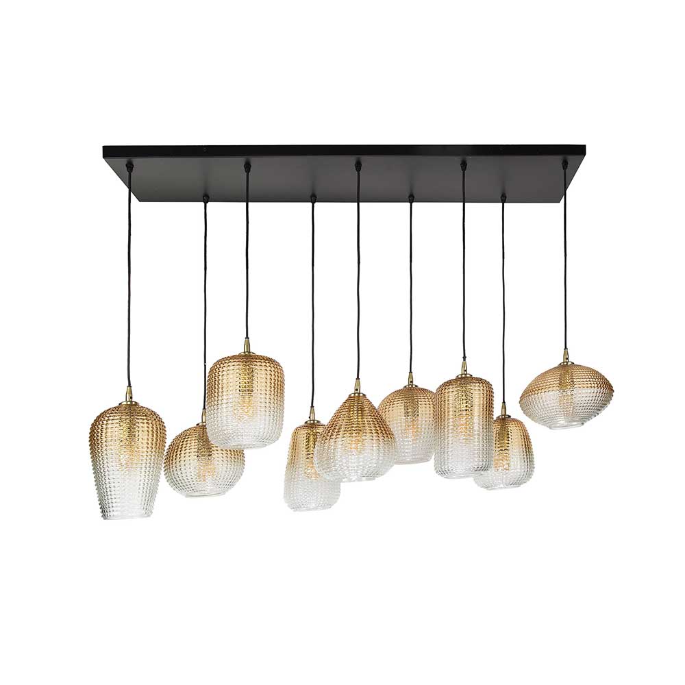 Design Hängeleuchte mit neun Pendellampen aus bernsteinfarbenem Glas und schwarzer Deckenplatte – Gestina