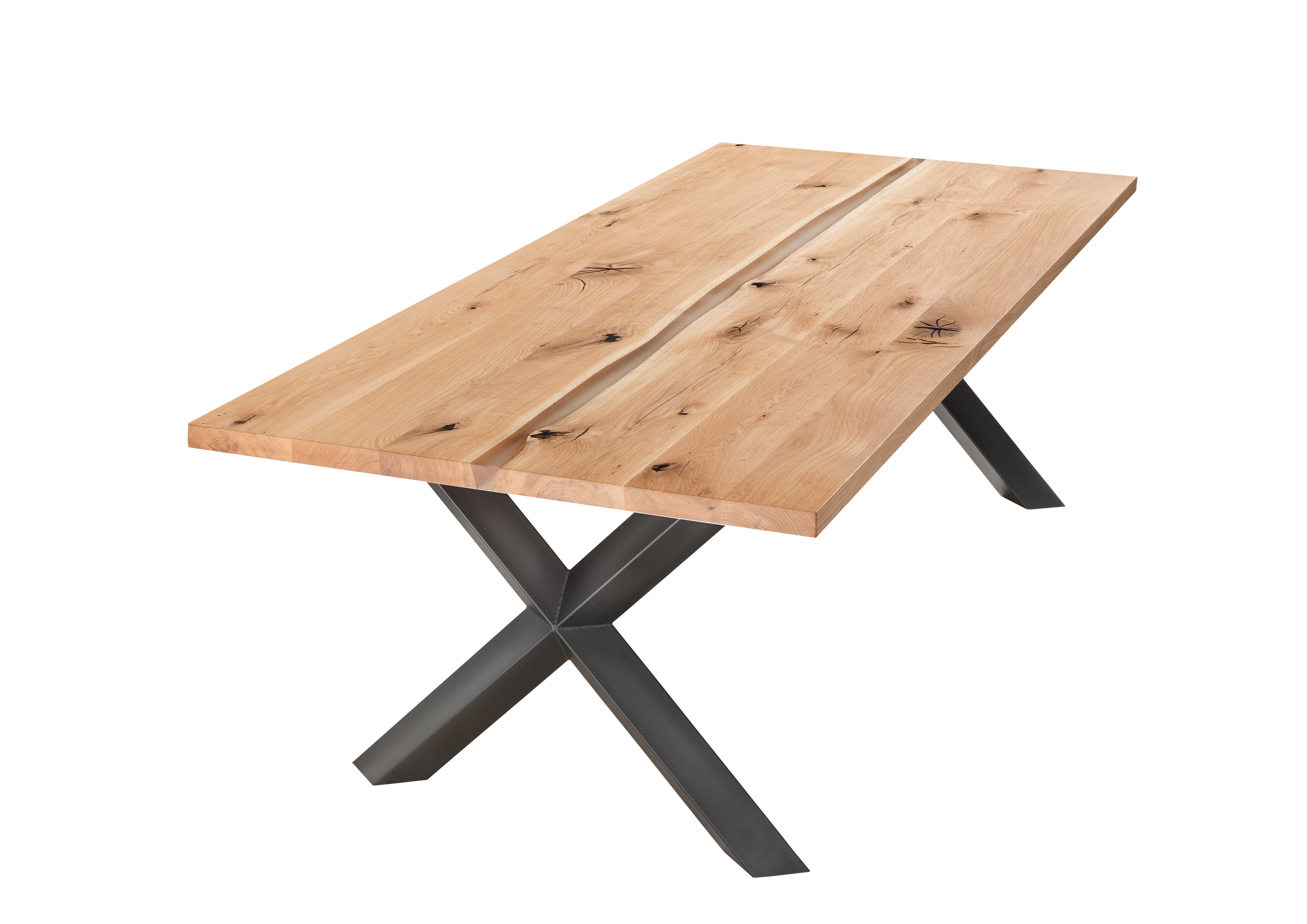 Massiver Esstisch aus Eiche mit markanten Design-X-Beinen und rustikaler Holzplatte – Opal