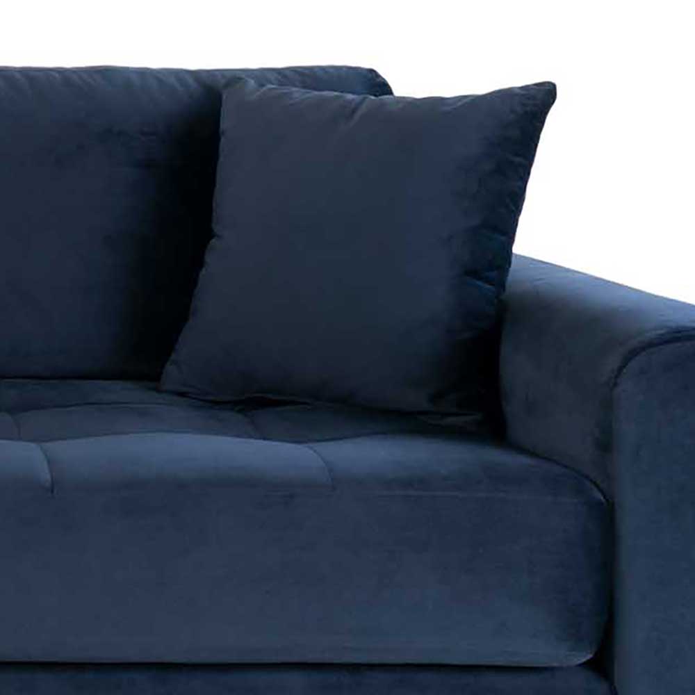 Rechte Seite der blauen Polstercouch mit weichem Samtbezug und gemütlichen Rückenkissen – Jelleva