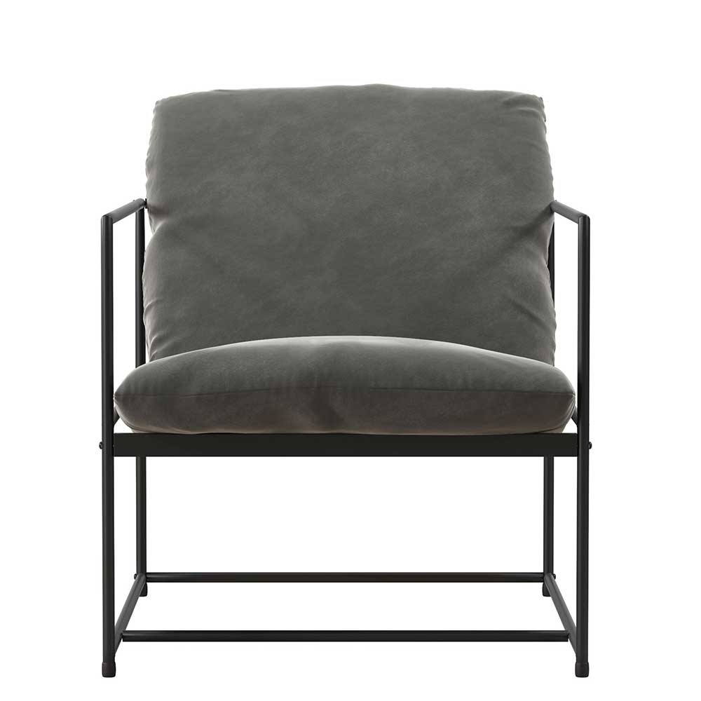 Minimalistischer Sessel in Grau Samt mit schwarzem Metallgestell von vorne – Ivoras