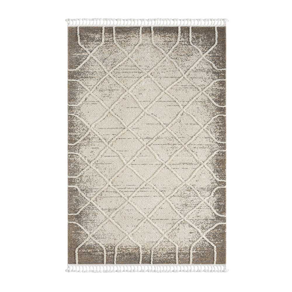 Moderner Teppich mit geometrischem Rautenmuster in Creme-Grau und Fransen – Freshna
