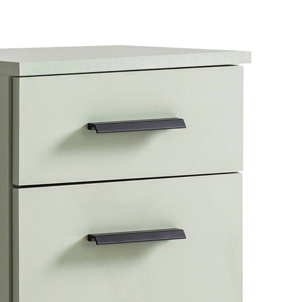 Graugrüner Badschrank mit zwei Schubladen und dunklen Griffen – Casimir