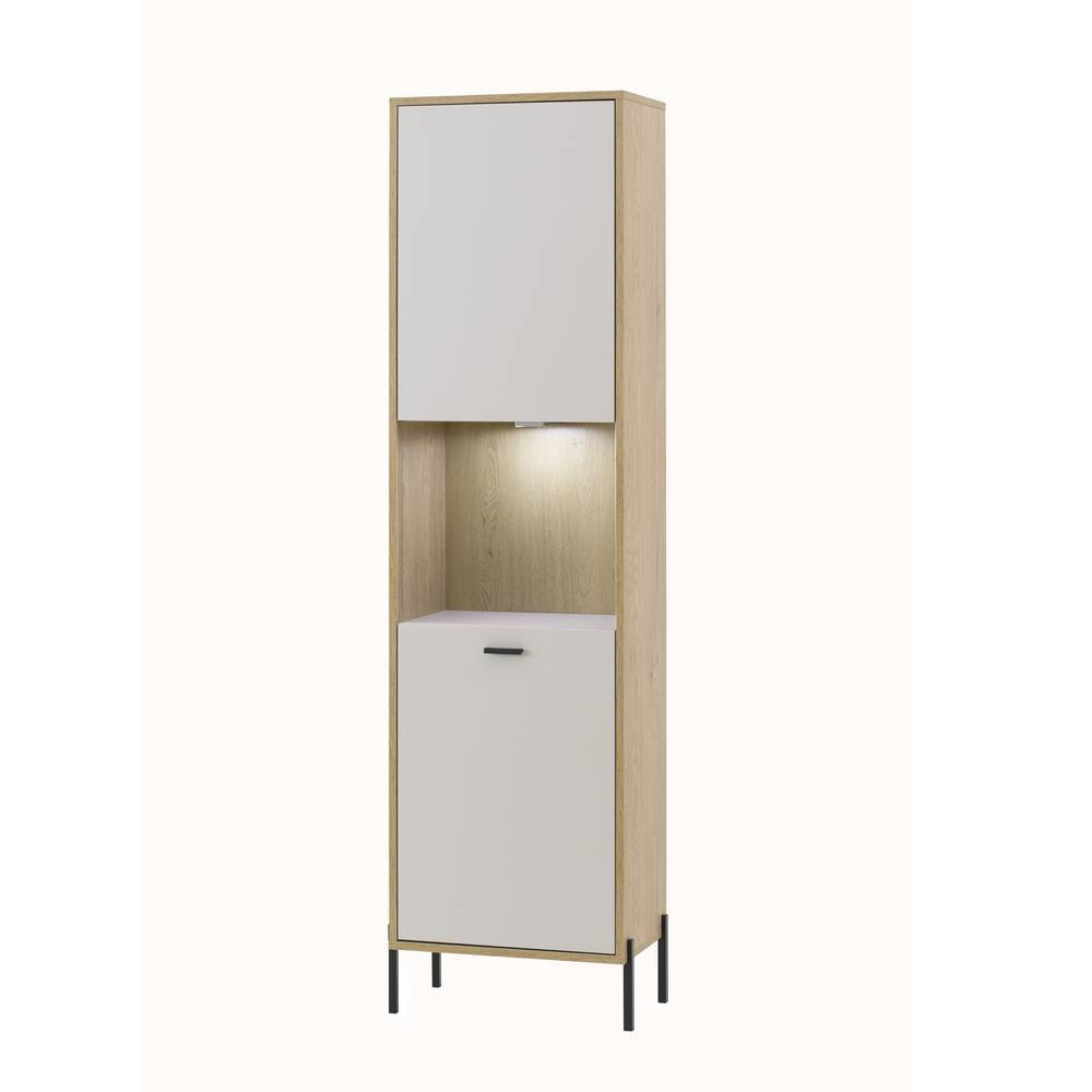Vitrinenschrank in Beige und Eiche mit beleuchtetem Fach und schwarzen Beinen – Dasanti