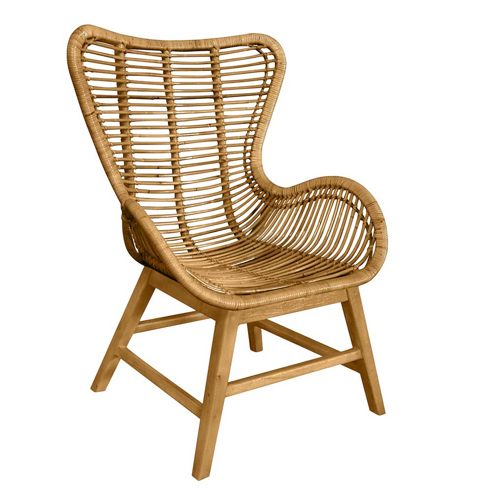 Rattan Sessel mit hoher geschwungener Rückenlehne und Holzgestell f r Wohnzimmer – Krems
