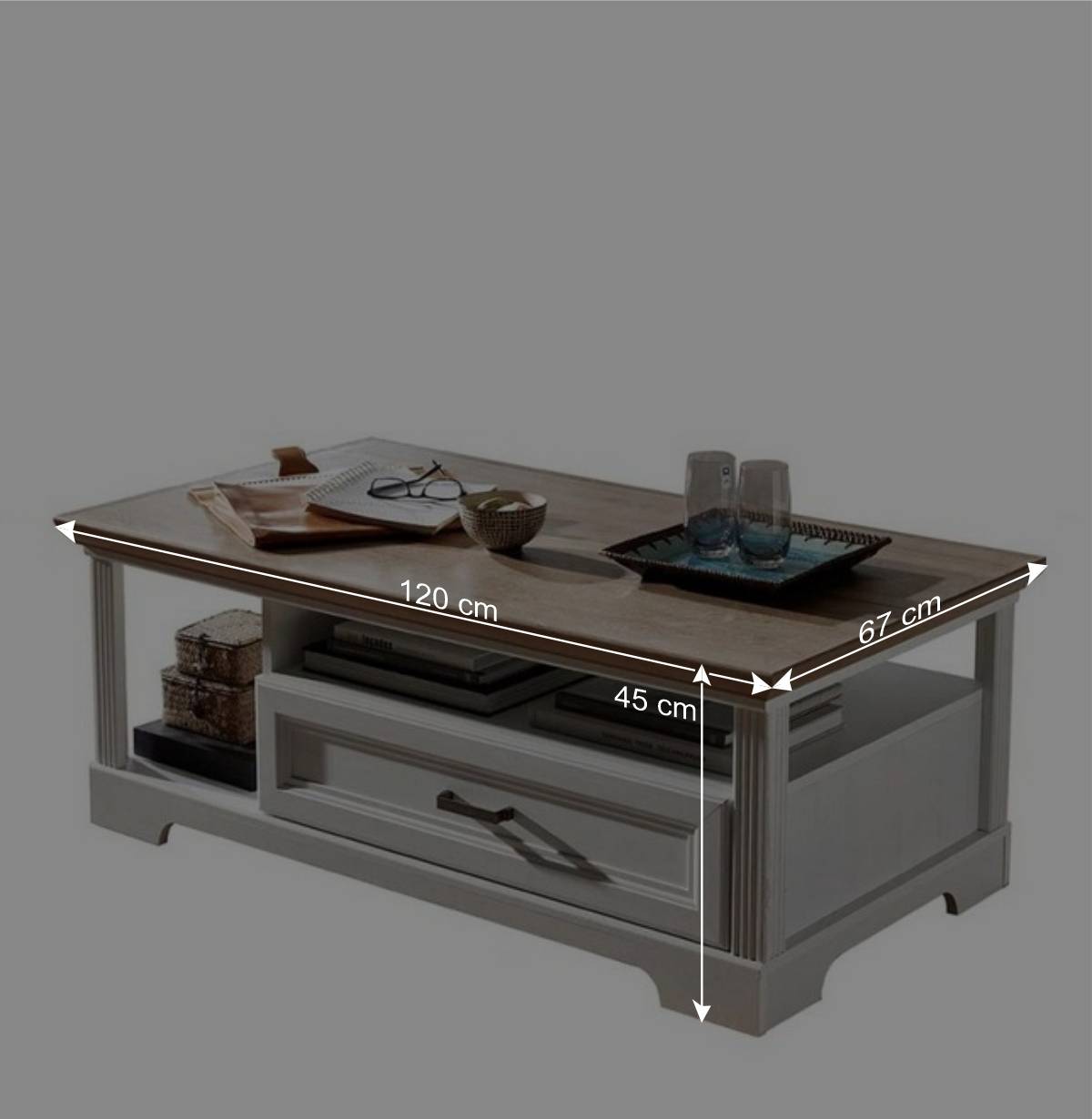 120x67 Landhaus Couchtisch mit Schublade - Sinolita
