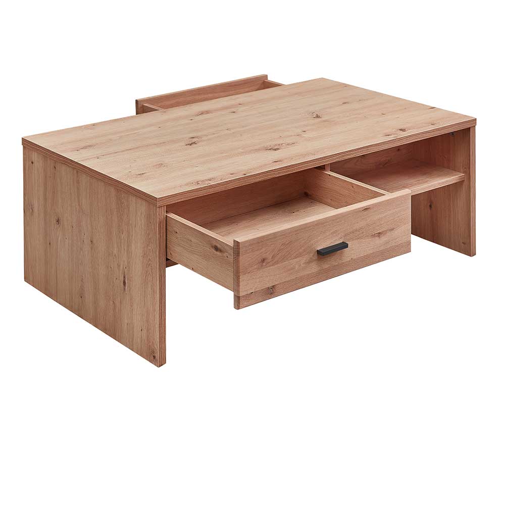 Heller Couchtisch aus Holz mit ausgezogener Schublade und Ablagefach – Mattadore