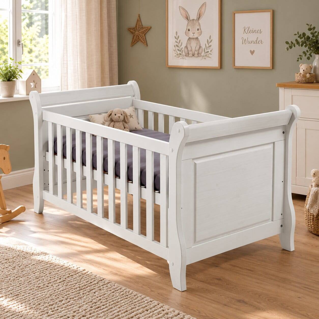 Weißes Holz Babybett inklusive Umbauseiten - Satumare
