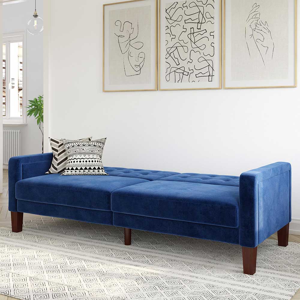 Retro Bettsofa in Blau Samt - Silvaria
