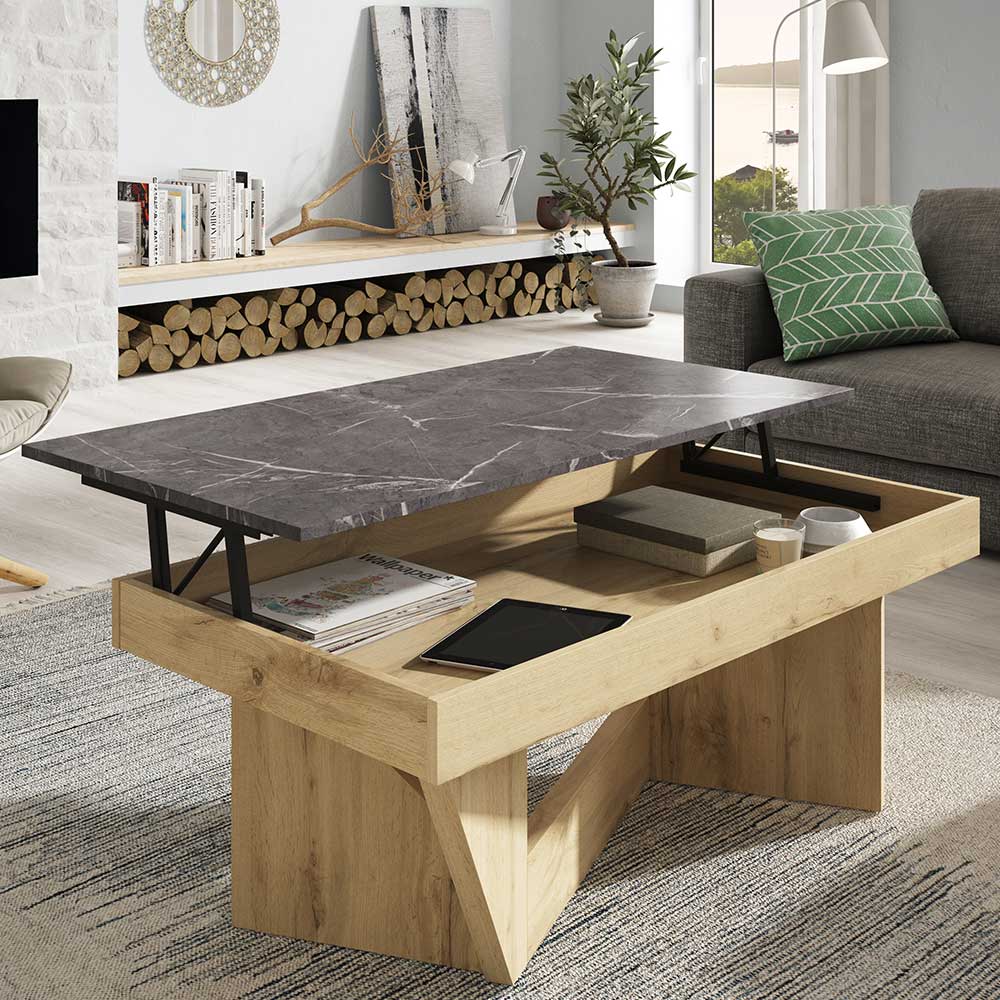 Funktioneller Couchtisch in Marmor Optik Grau mit aufklappbarer Tischplatte und Stauraum – Lennilia