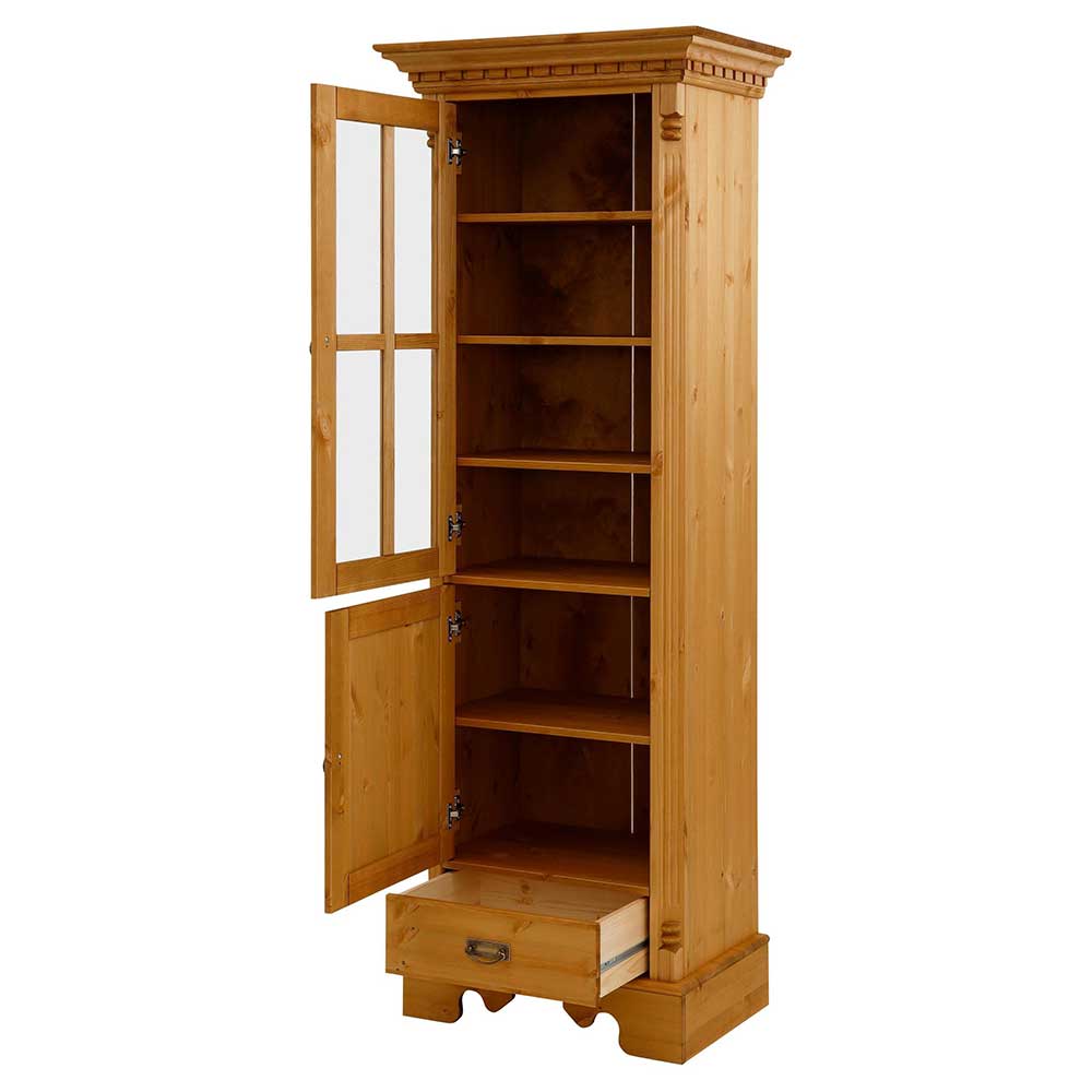 Geöffnete Massivholz Landhausvitrine mit Glastür, Holztür und Schublade, Regalböden sichtbar – Fausanda