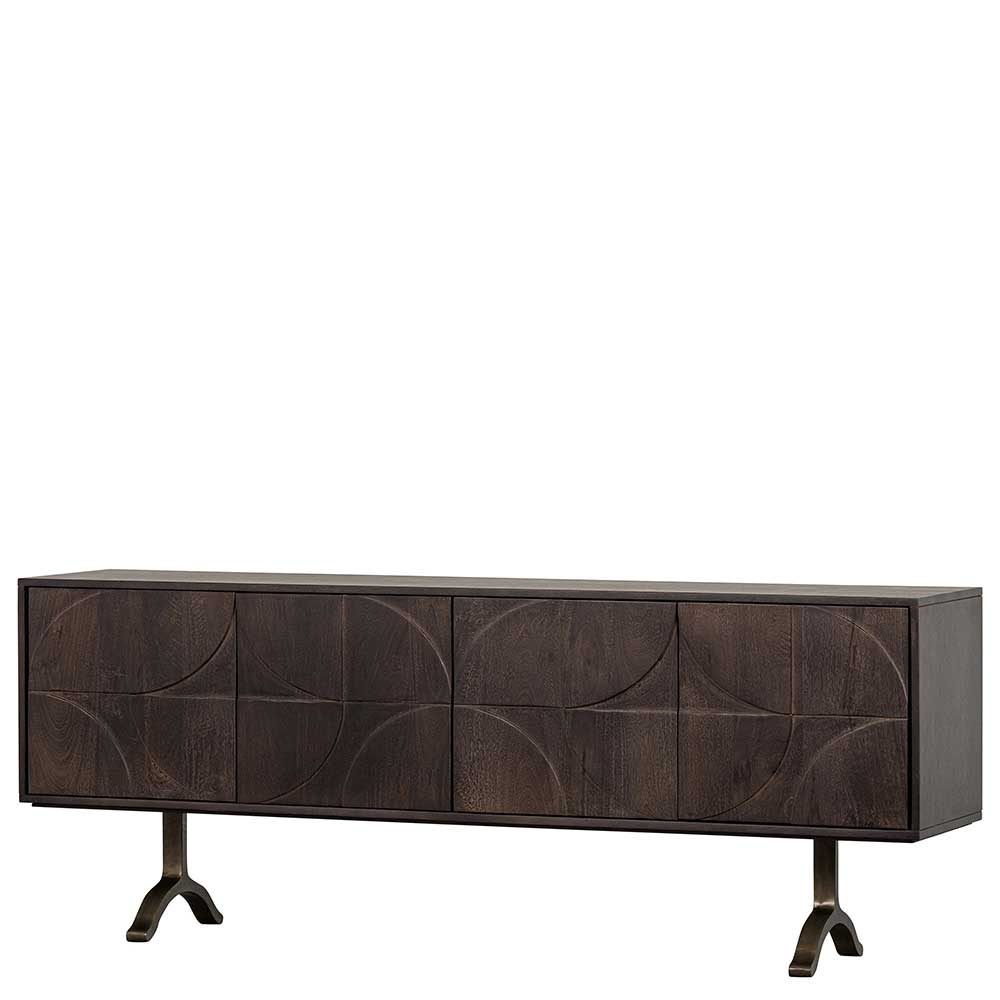 Dunkles Design Sideboard aus Nussbaum Mango Holz mit geometrischen Mustern auf den Türen – Pisino