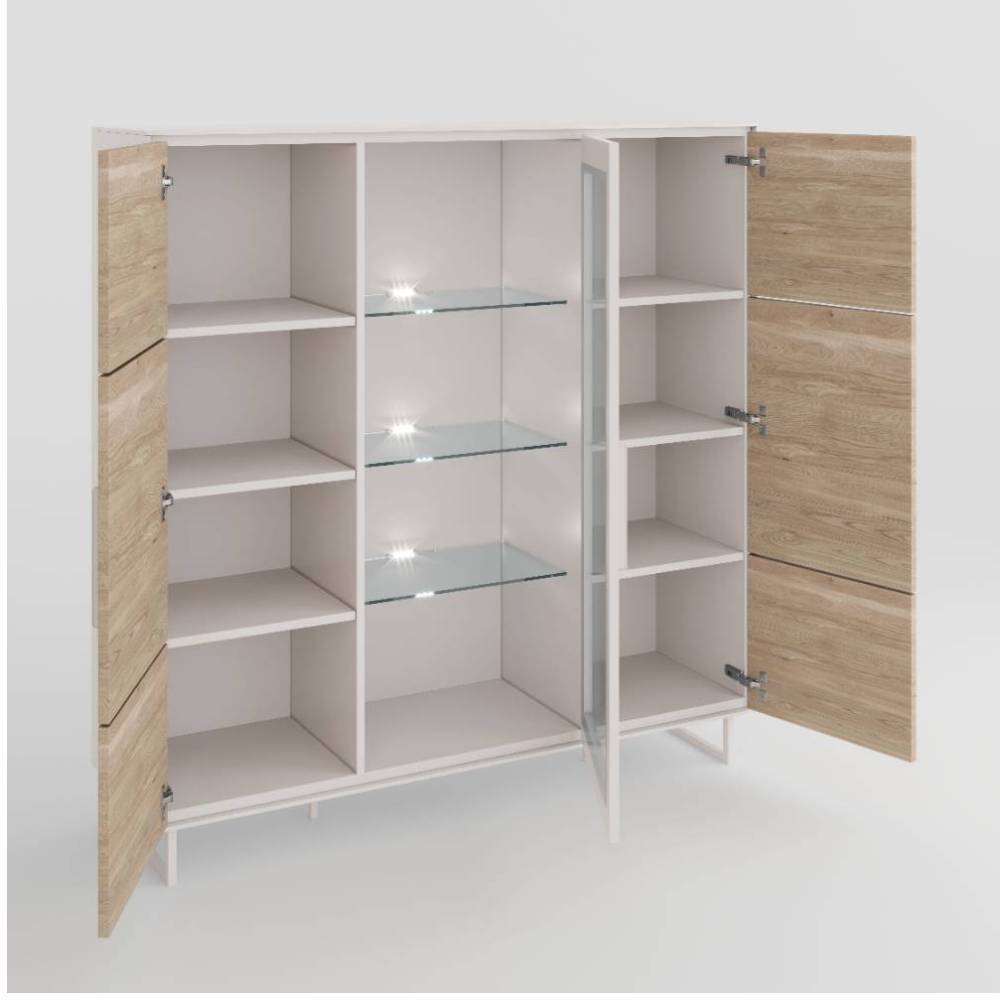 3-türige Highboard Vitrine in Kreideweiß - Loca