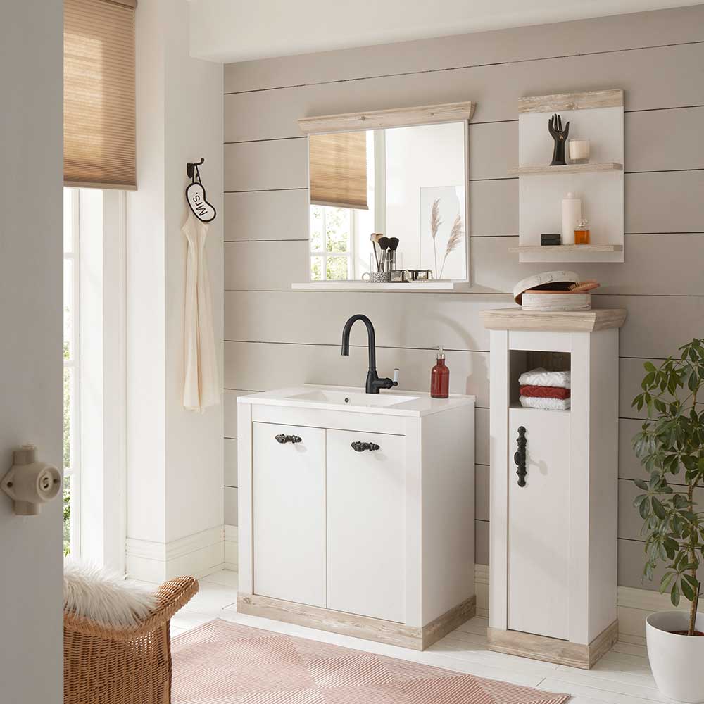 Vierteiliges Badmöbel Set im Landhausstil mit Waschtischunterschrank, Hochschrank, Spiegel und Wandregal – Doules