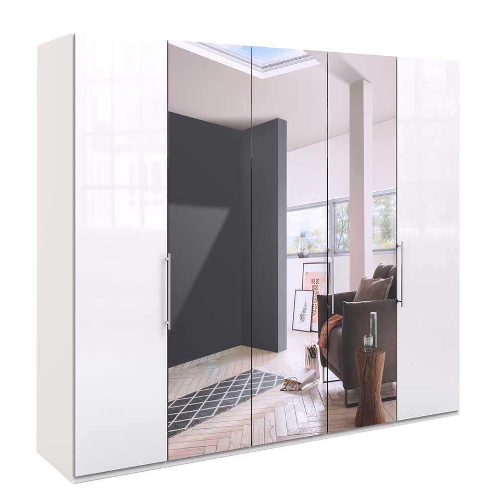 Weißer Falttüren Kleiderschrank mit Spiegelfronten und Hochglanz-Türen für moderne Schlafzimmer – Dolienca