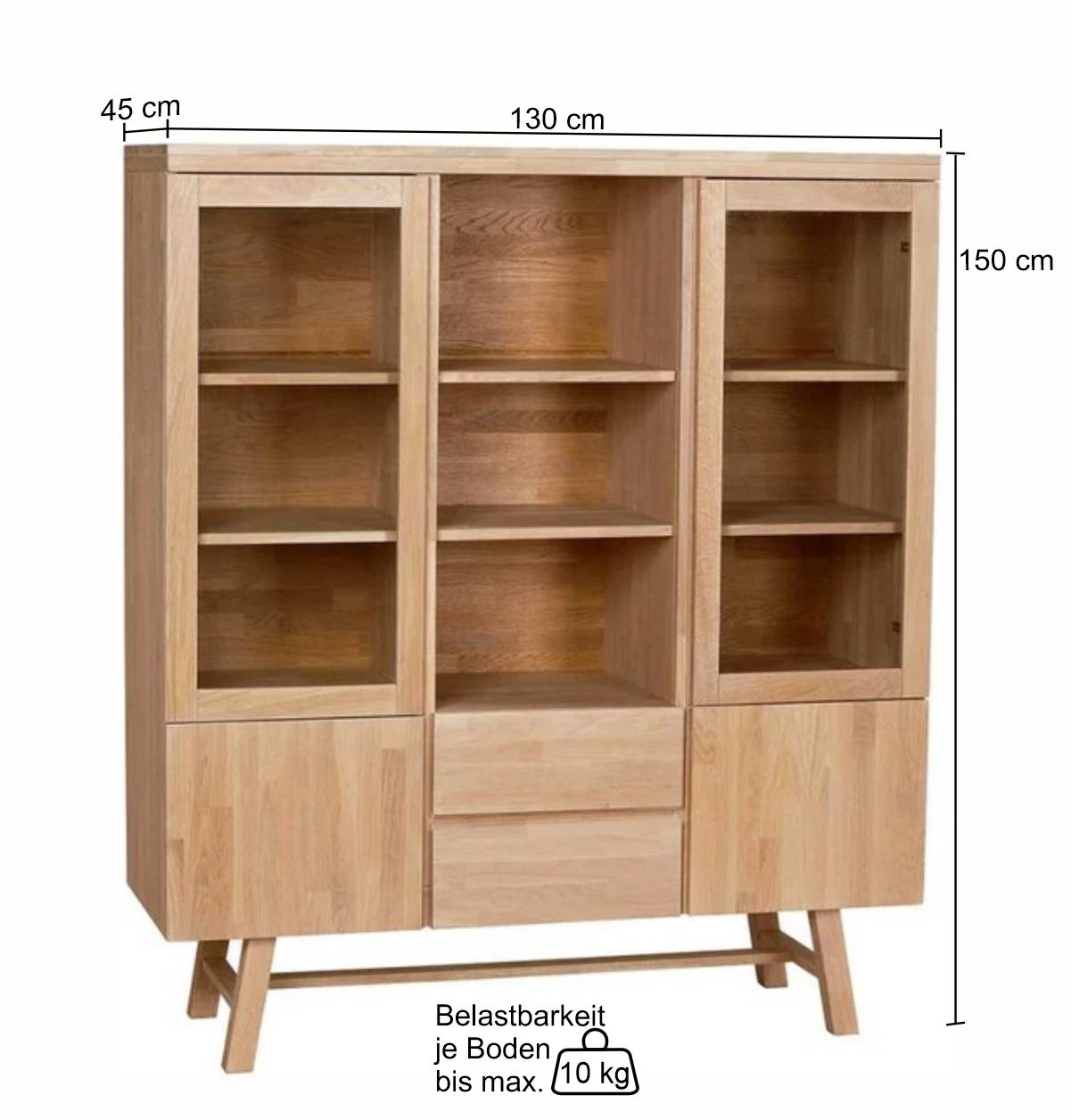 130x150x45 Highboard Vitrine aus Eichenholz - Neata