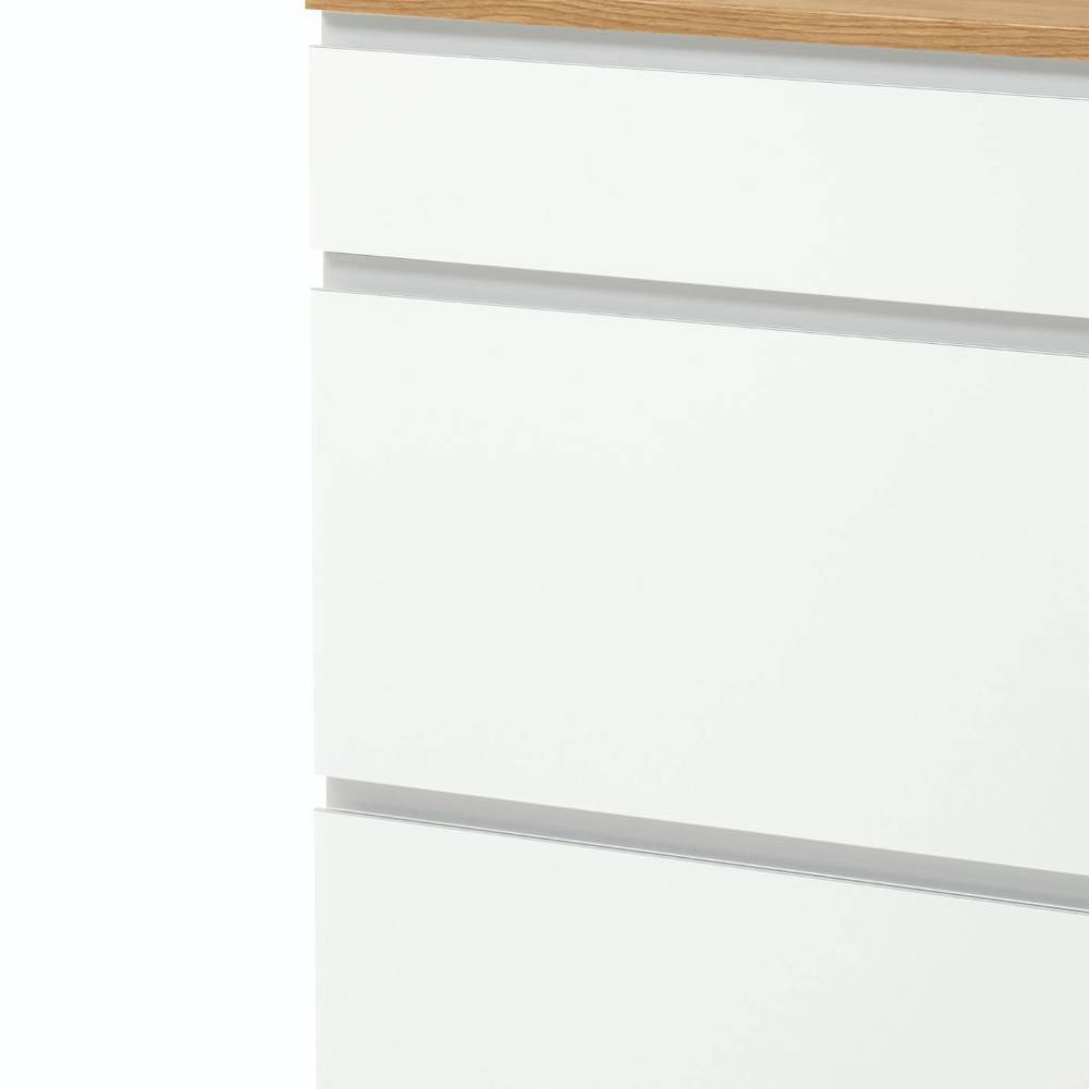 Flurschrank mit drei weißen Klappen, einer Schublade und Holzabdeckplatte – Danita