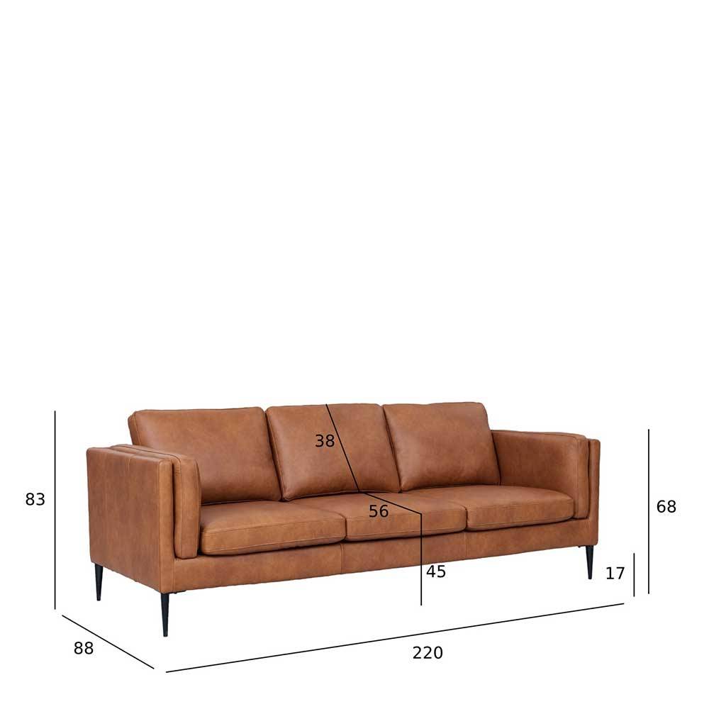 Dreisitzer Couch aus Leder in Cognac Braun mit präzisen Größenangaben – Lespavo