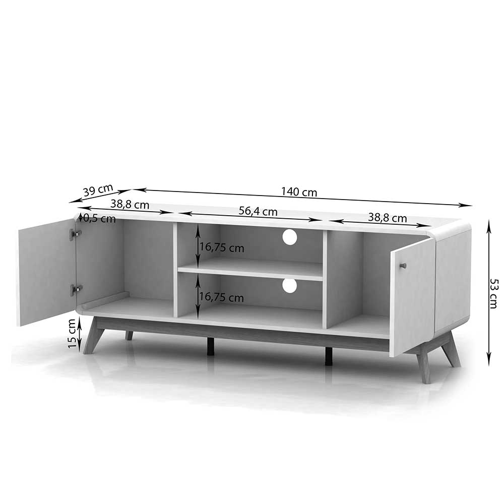 Skandi Design TV Möbel in Weiß mit Holzfüßen und allen wichtigen Maßen und Abmessungen – Kolreva