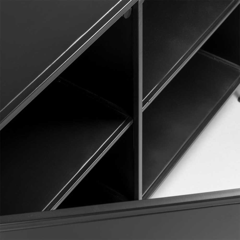 Innenansicht der Ablagefächer im schwarzen Metall Sideboard – Magde