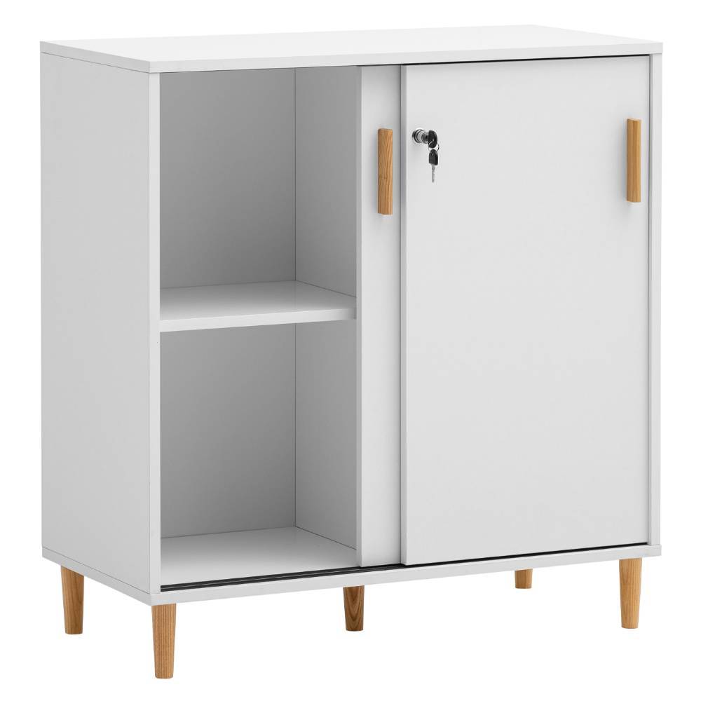 Weißes Sideboard mit Schiebetüren, offener linker Seite und Schlüssel im Schloss – Rozenna