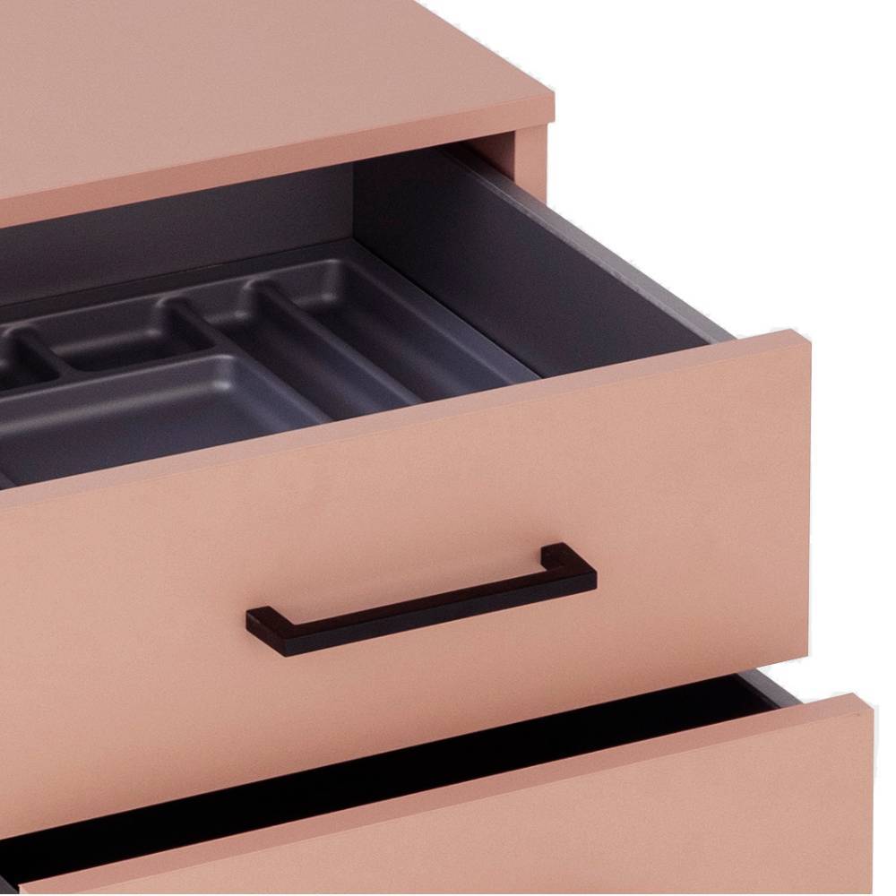 Geöffnete Schublade des apricotfarbenen Rollcontainers mit Ordnungs-Einsatz – Javolena