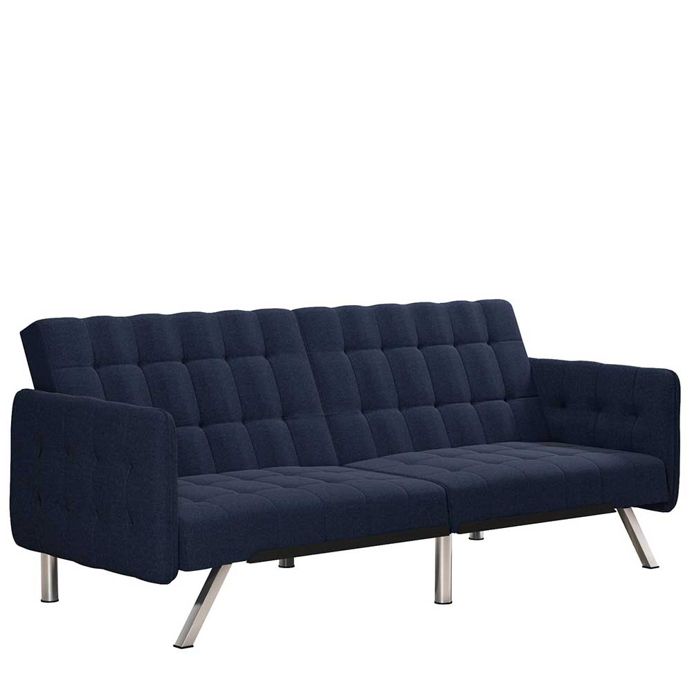 Dunkelblaues Schlafsofa mit moderner Knopfheftung, Armlehnen und stabilen Chromfüßen für das Wohnzimmer – Didicto