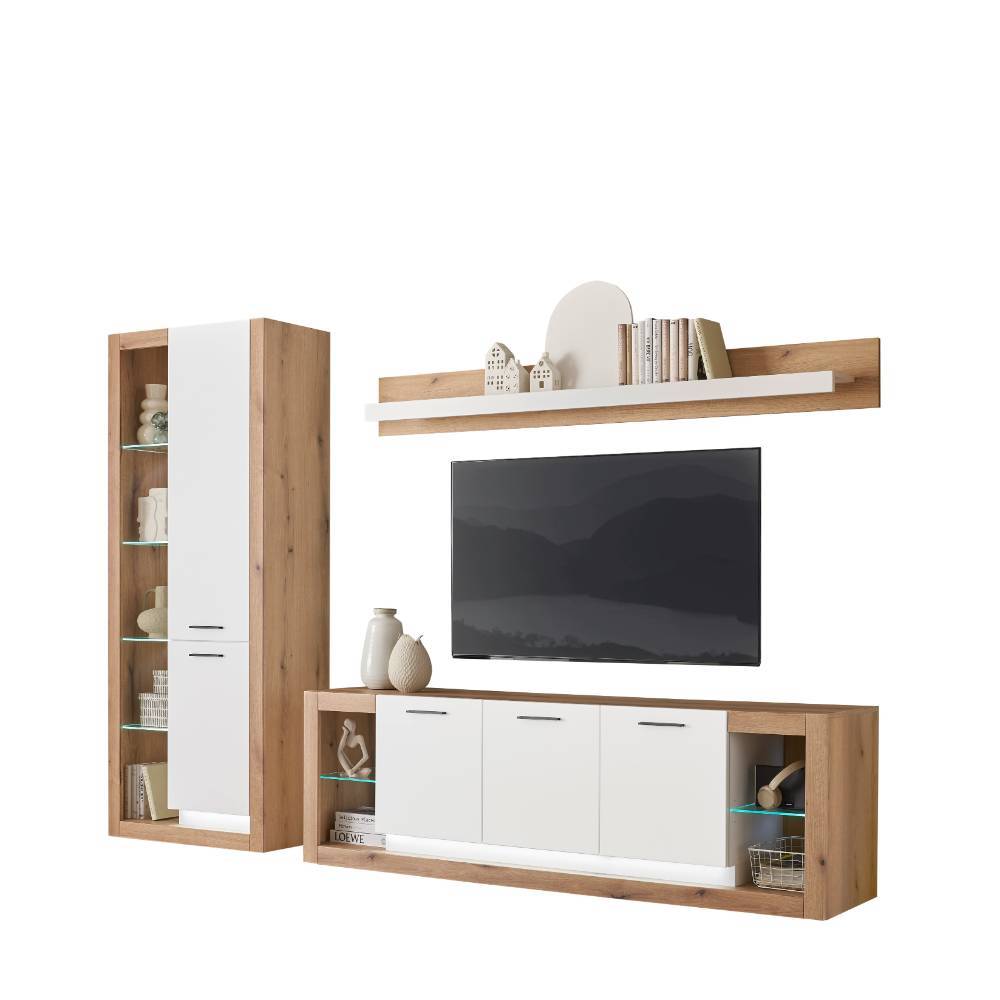 Design Wohnwand Set in Mattweiß - Adejano (dreiteilig)