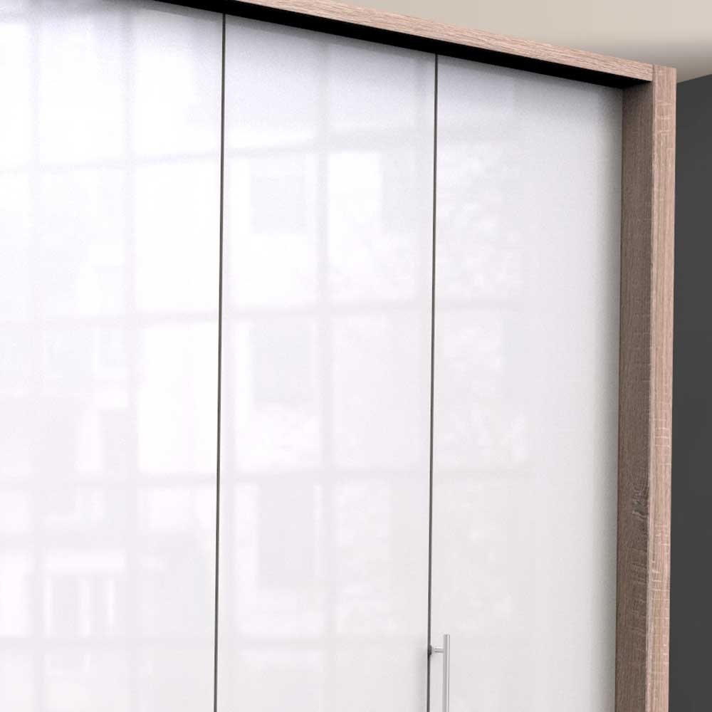 Oberer Abschluss des Kleiderschranks mit weißer Glasfront und Rahmen in Holzoptik – Bosays