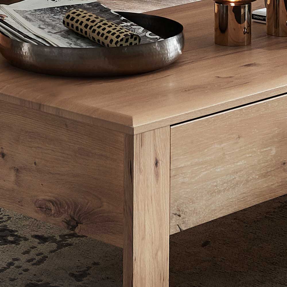 Holzoptik Couchtisch aus Wildeiche mit sichtbarer Maserung und praktischer Schublade – Iniaco