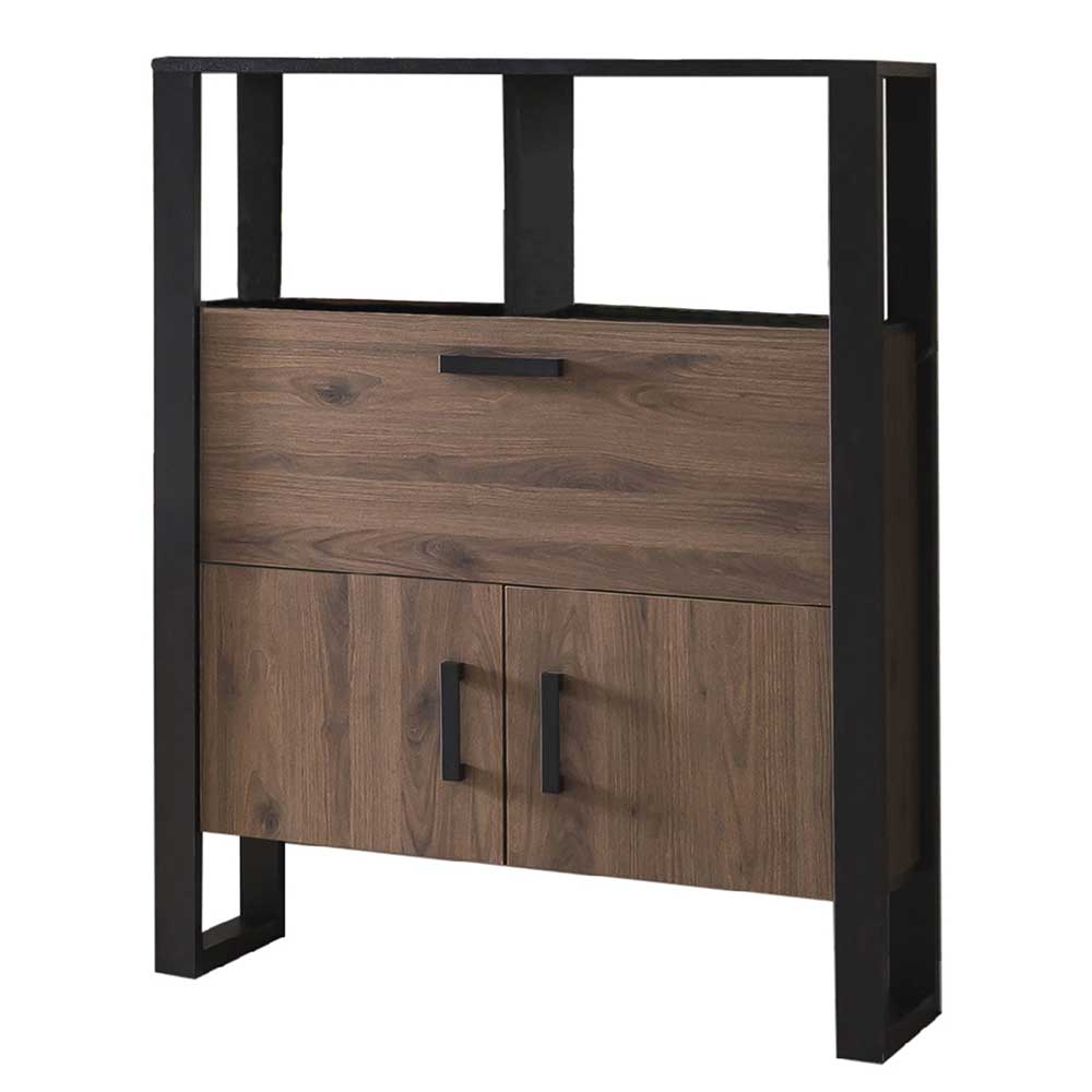 Modernes Sideboard in Nussbaum und Schwarz mit offenen Fächern und geschlossenen Türen – Dudleys