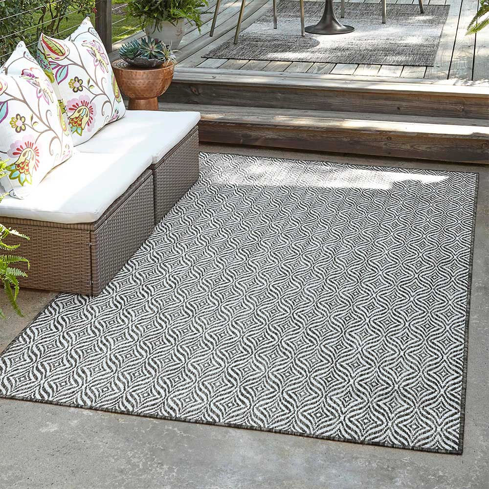 Outdoorteppich mit Muster in Dunkelgrau Creme - Bird