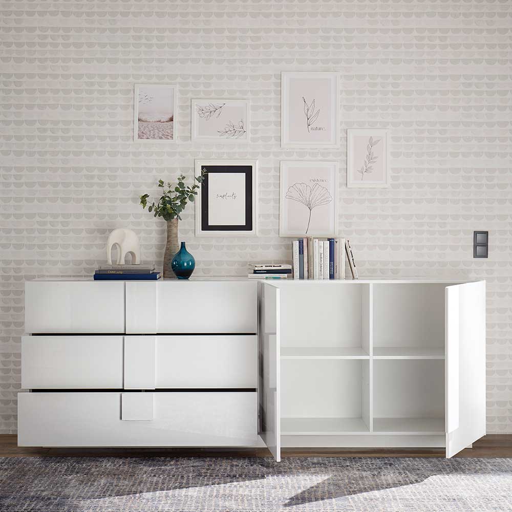Weißes hochglänzendes Sideboard mit drei Schubladen und offenem Schrankfach – Kerym