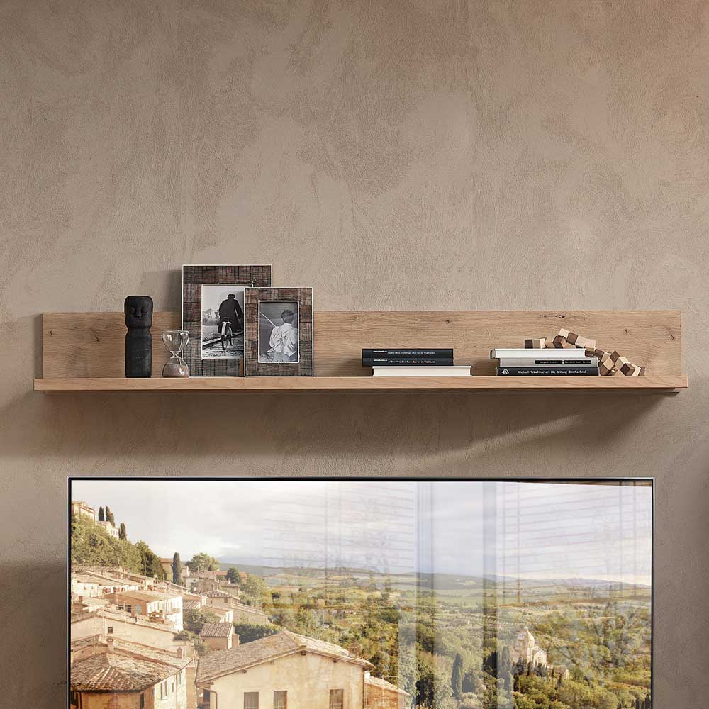 Langes schwebendes Wandregal aus hellem Holz für Dekoration und Bücher im Wohnzimmer – Cymbal