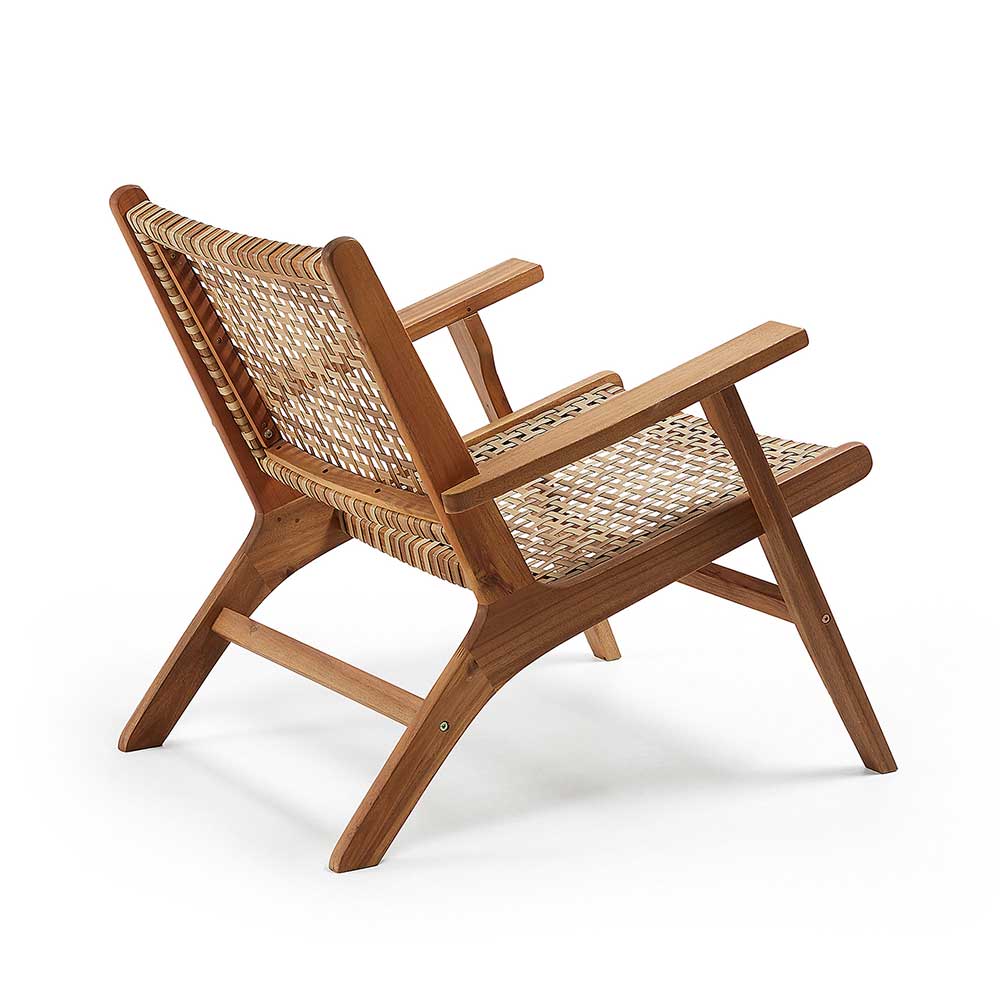 Akazienholz Sessel mit Rattan Geflecht von hinten seitlich für Balkon – Foglia