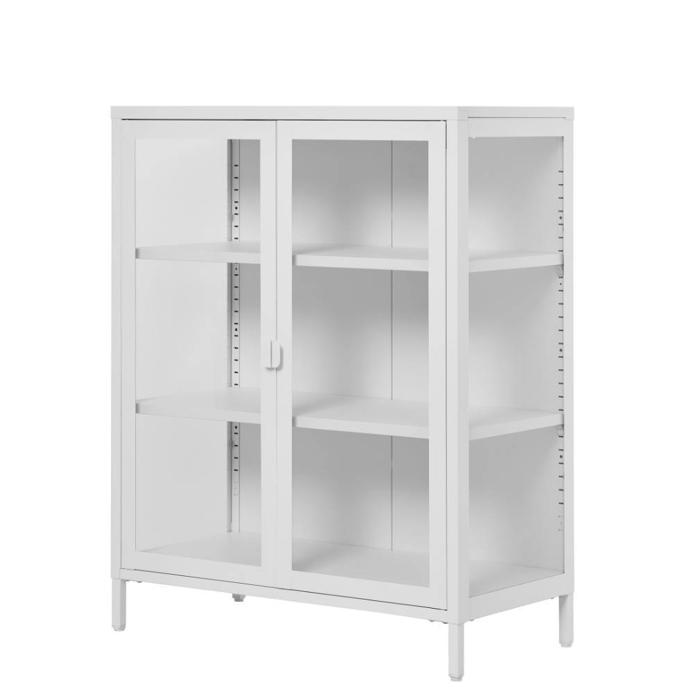 Weiße Stahlvitrine mit Glastüren und seitlichen Lochreihen für variable Regalböden – Sancrez