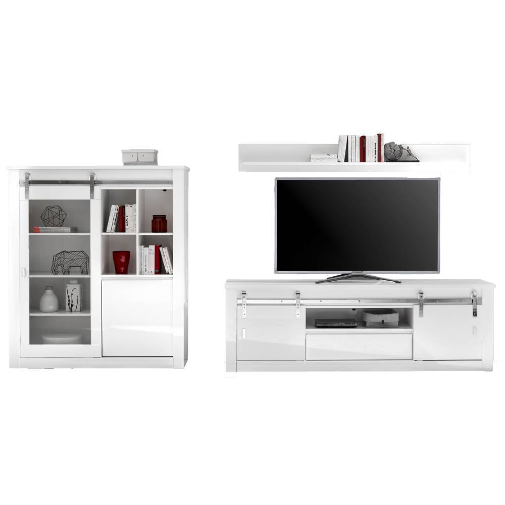 Komplettes dreiteiliges Anbauwand Möbel Set in Weiß mit Vitrine und TV-Board – Memphys