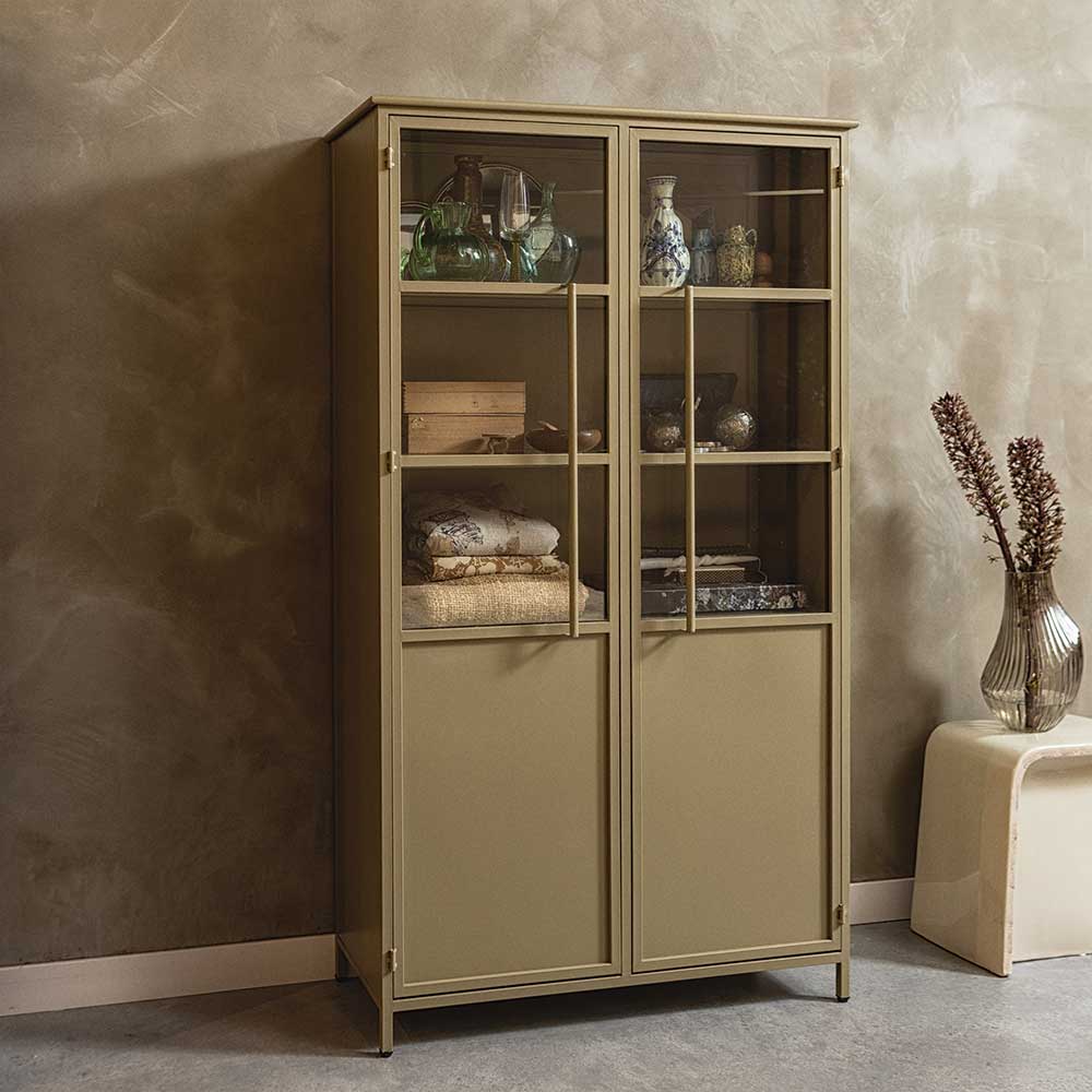 Metall Vitrinenschrank in Khaki - Gabadoza