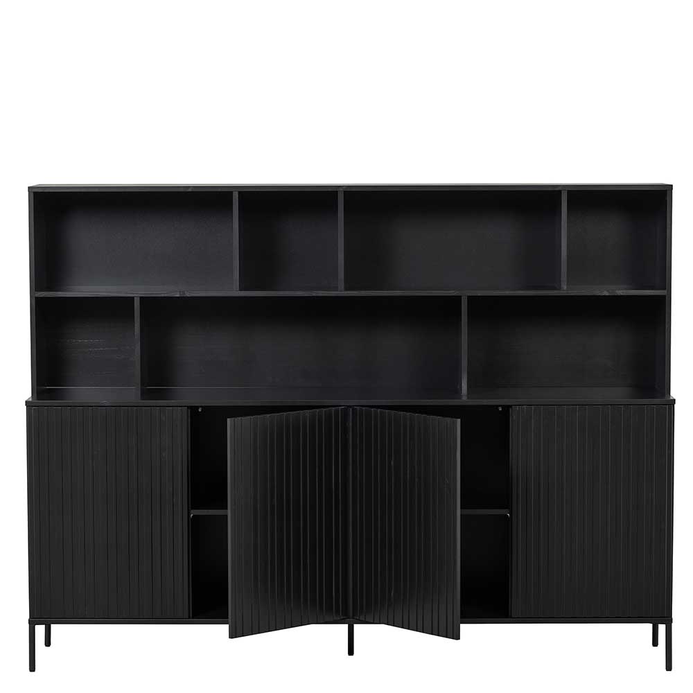 Schwarzes Regal Sideboard mit mittigen Türen offen und Innenaufteilung – Princiva