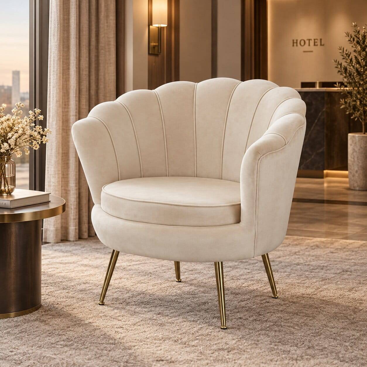 Eleganter Muschelsessel in Beige Samt - Fortlanda