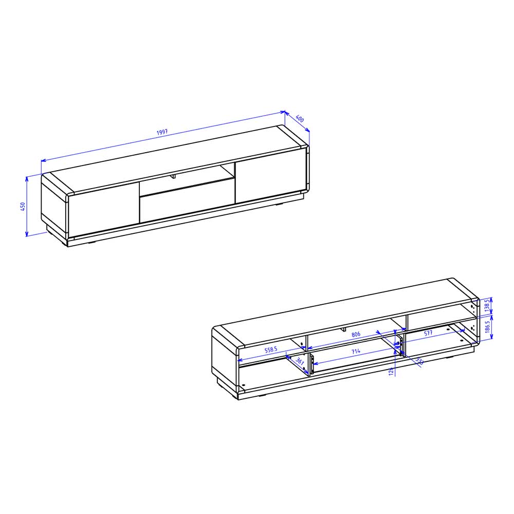 TV Lowboard Ilunas Maße und Abmessungen in Schwarz und Wildeiche Optik – Ilunas