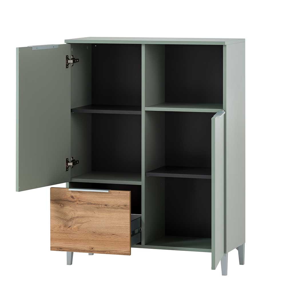 Badezimmer Highboard in Graugrün und Eiche - Liz