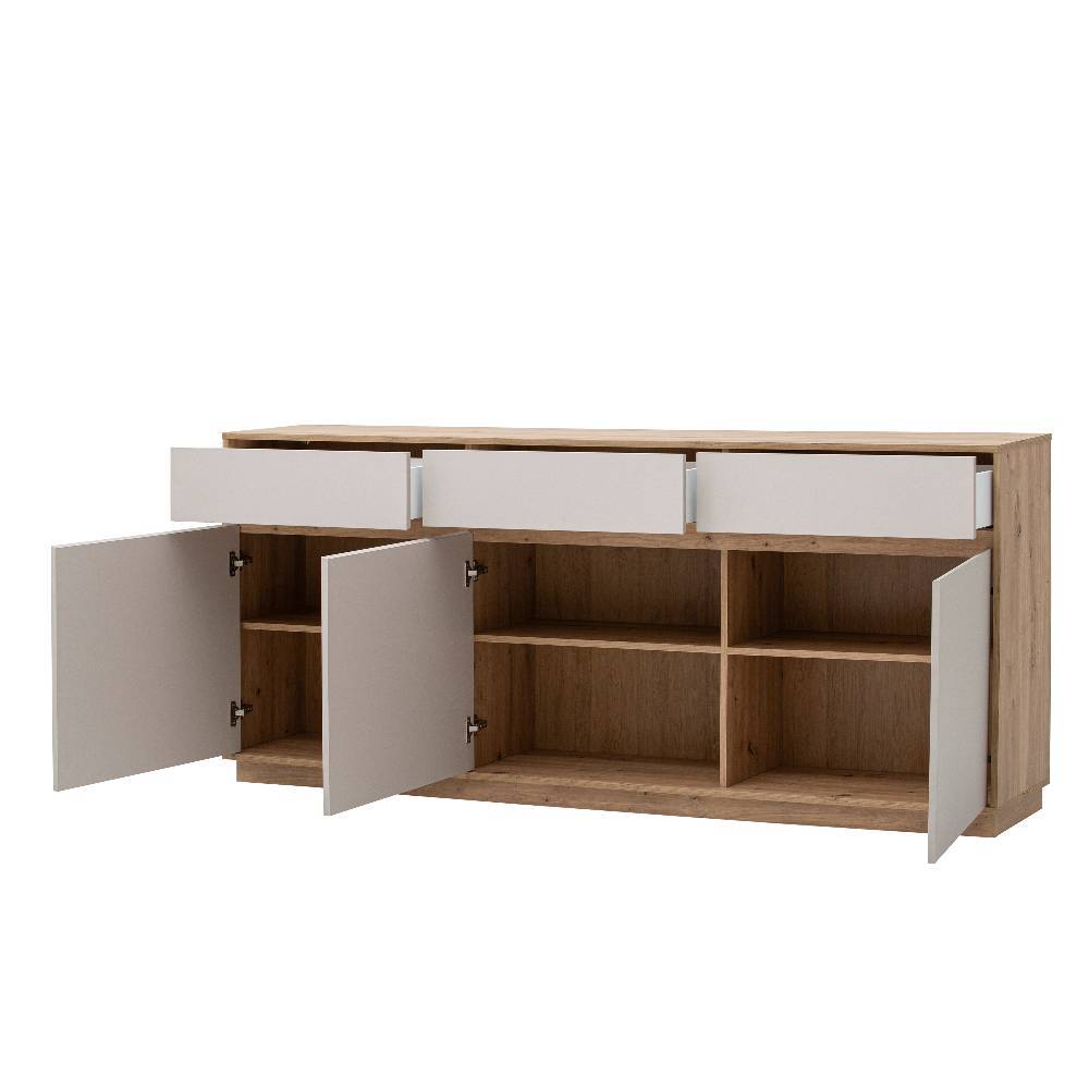 Offenes Sideboard in Hellgrau mit mehreren Fächern und Einlegeböden für Stauraum – Spain